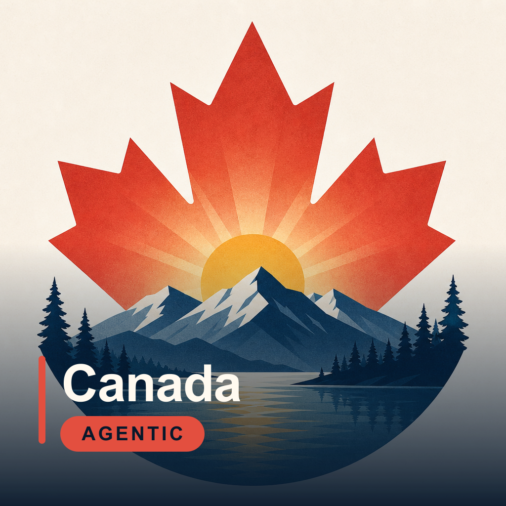 Canada Agentic — a maple leaf framing a sunrise behind mountains, forest, and water.